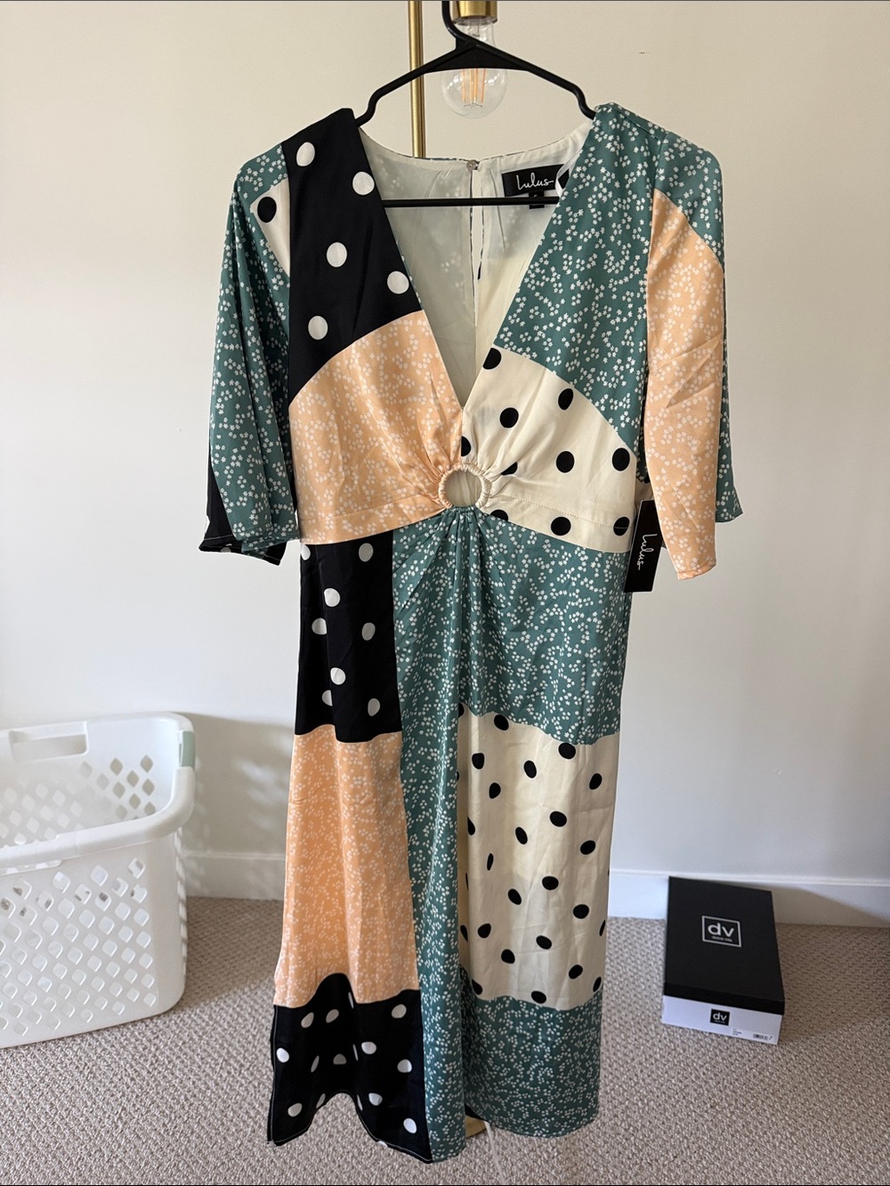 Lulu's Green, Peach & Cream Patchwork Polka Dot Midi Dress
